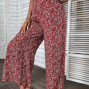 Ditsy Floral Slit Paperbag Waist Wide Leg Pants - LXM Fashion 