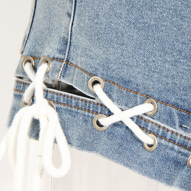 Lace-Up Cutout Denim Shorts - LXM Fashion 