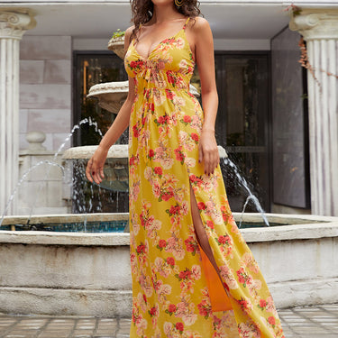 Floral Side Split Spaghetti Strap Maxi Dress - LXM Fashion 
