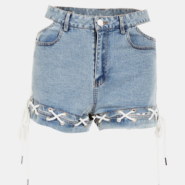 Lace-Up Cutout Denim Shorts - LXM Fashion 
